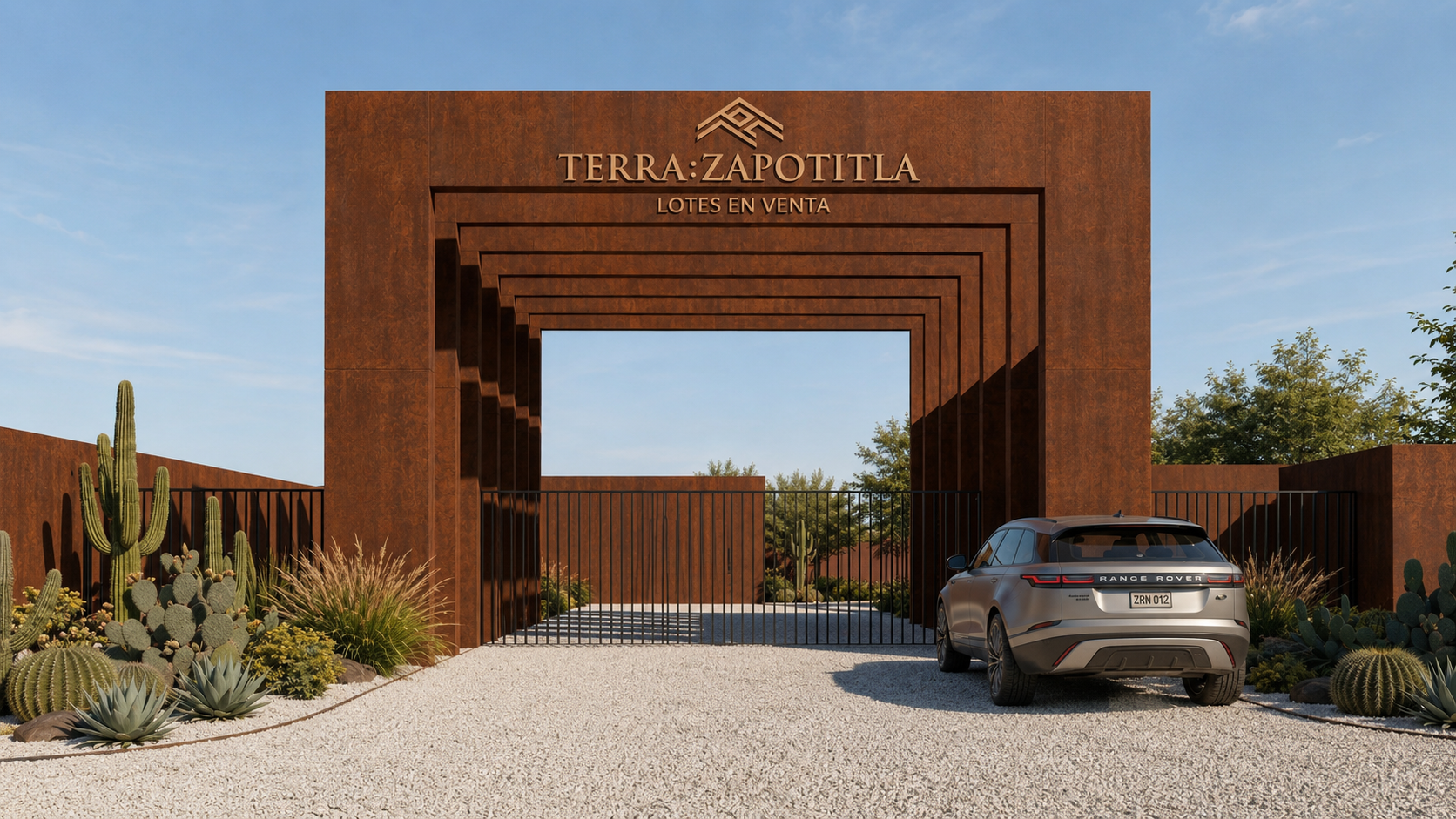 Acceso principal de TERRA : ZAPOTITLA con estructura arquitectónica y el letrero del proyecto